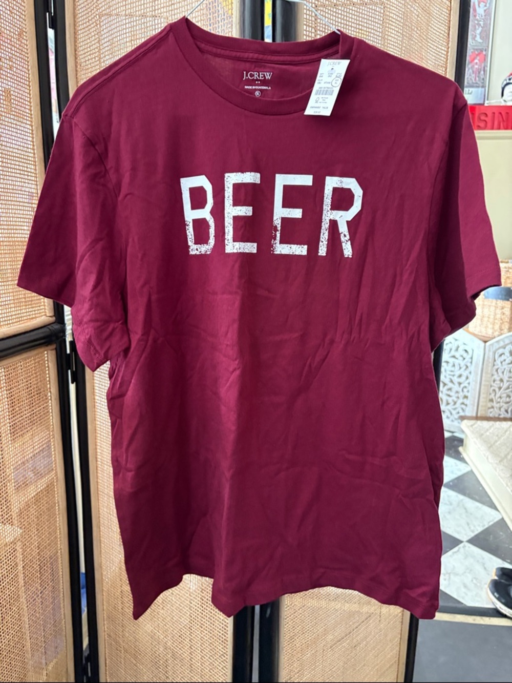 J. CREW Men's Maroon Graphic T-Shirt 'BEER' Short Sleeve